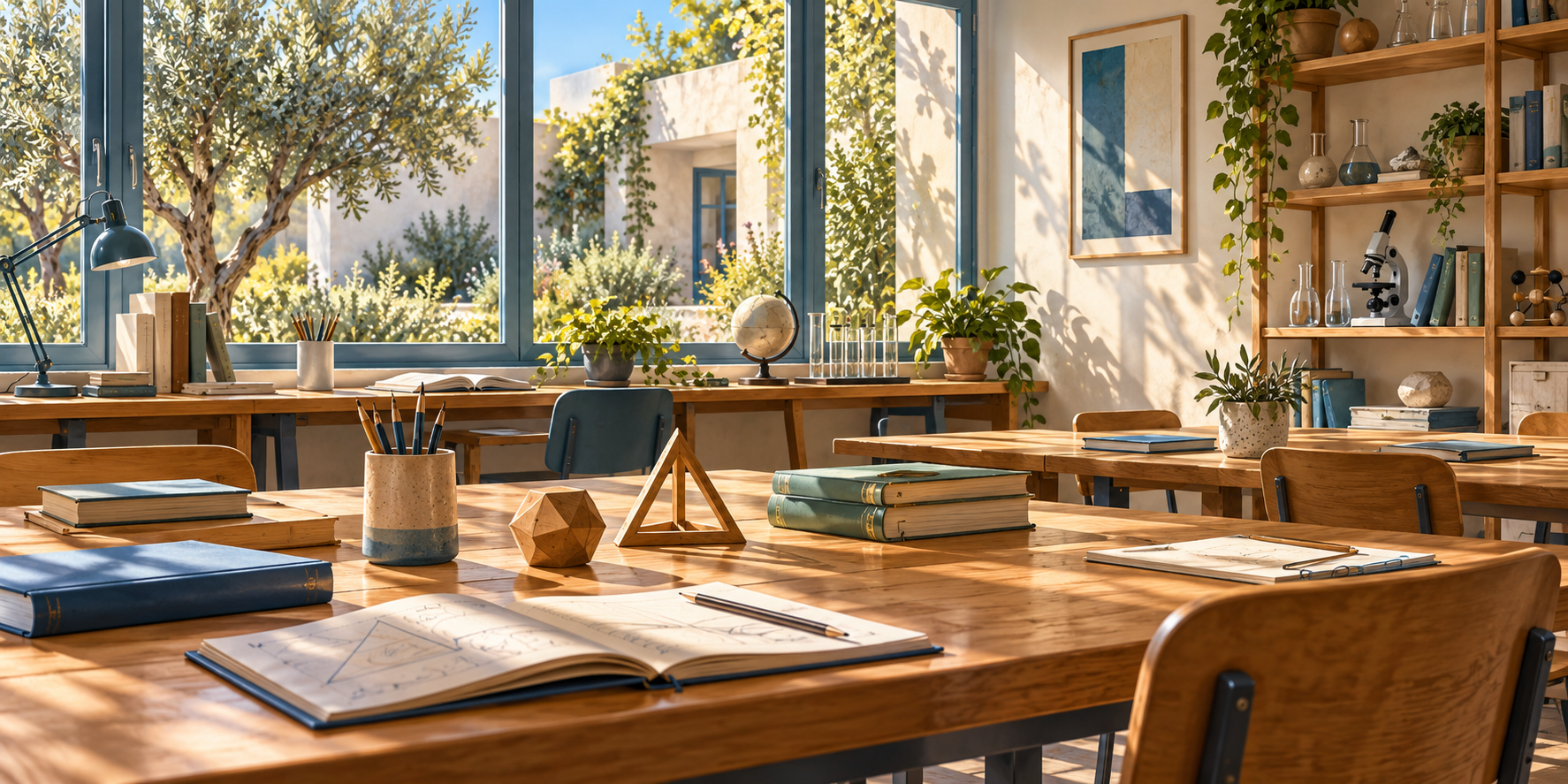 AI-generated illustration of an imagined learning room with books, notebooks, geometric models and science equipment beside a courtyard.