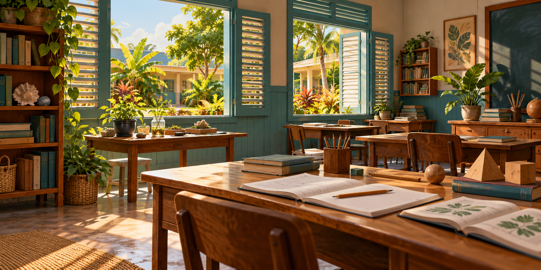 AI-generated illustration of an imagined shaded learning room with books, notebooks and geometric models beside a tropical courtyard.
