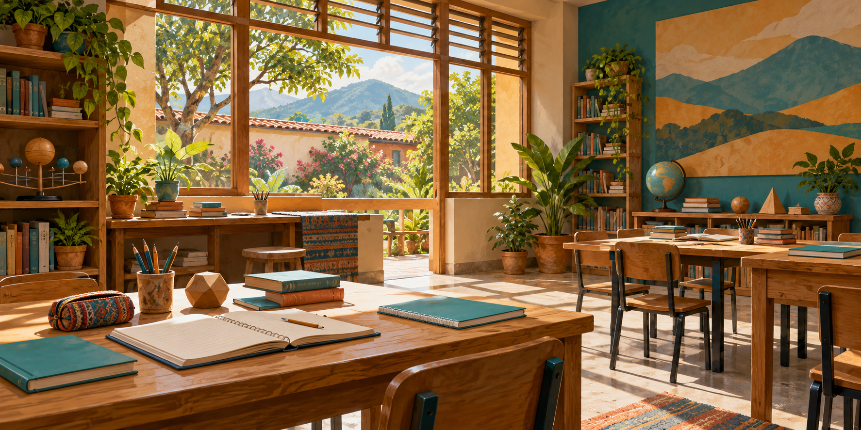 AI-generated illustration of an imagined learning room with books, notebooks and geometric models beside a courtyard.