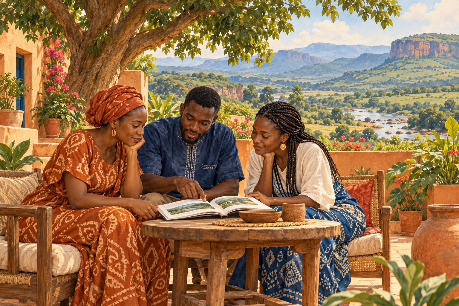 AI-generated nonliteral illustration of three adults reading together beneath a leafy tree in an imagined Guinea-inspired highland courtyard overlooking a stream.