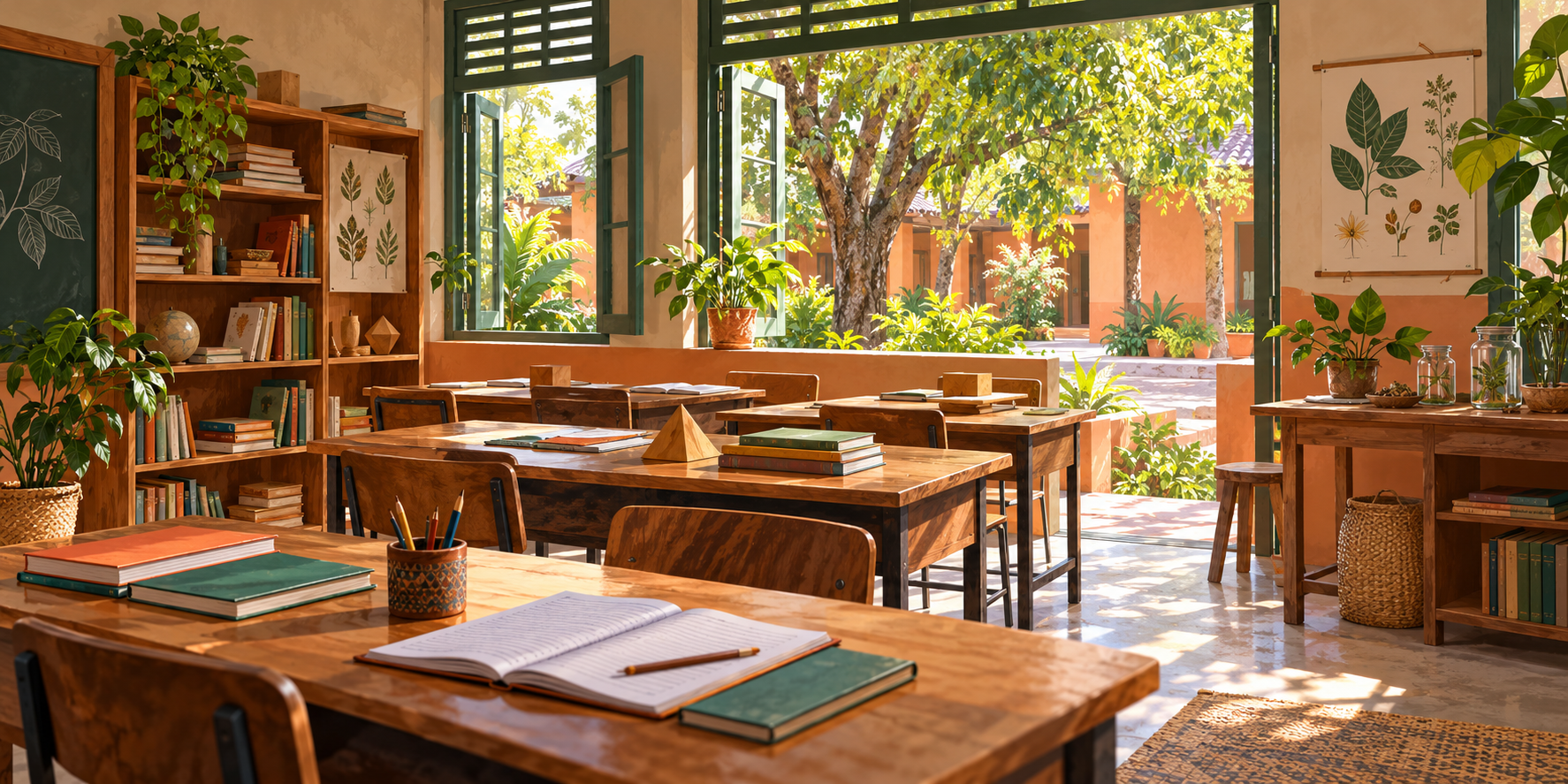 AI-generated illustration of an imagined learning room with books, notebooks and geometric models beside a courtyard.