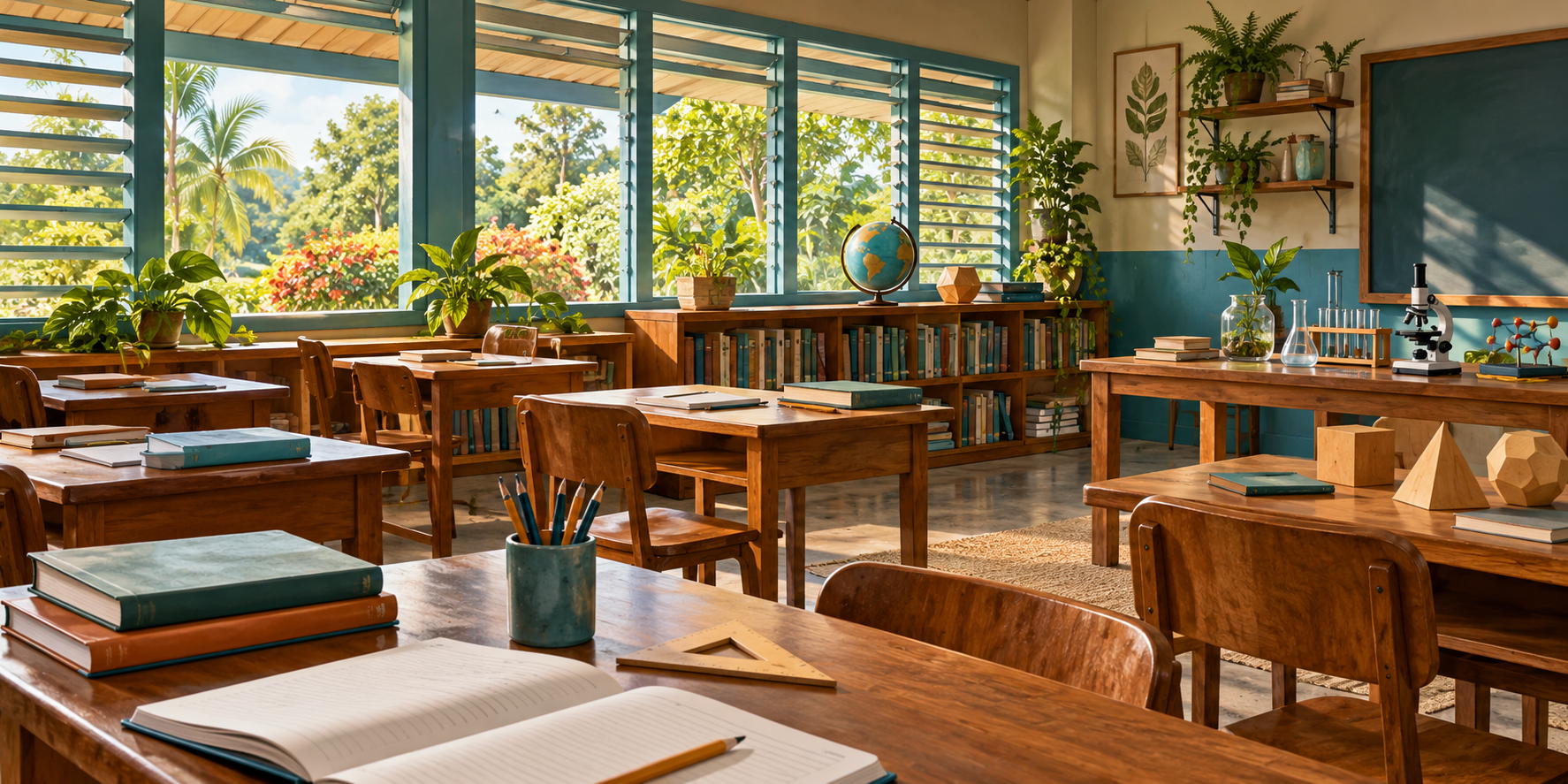 AI-generated illustration of an imagined learning room with books, notebooks and educational materials.