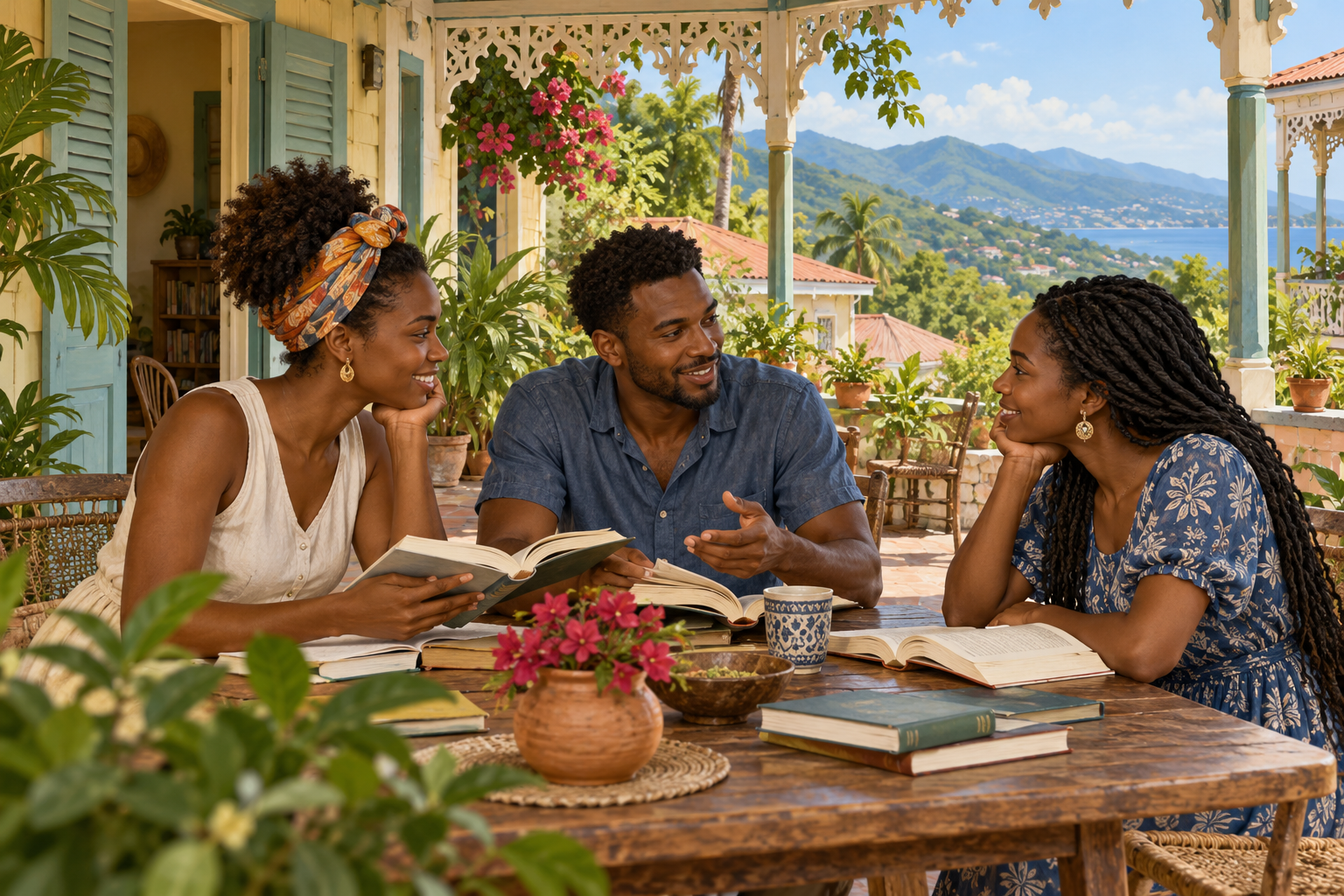 AI-generated nonliteral illustration of three adults sharing books in an imagined Haiti-inspired shaded courtyard with painted timber architecture, plants and distant green ridges.