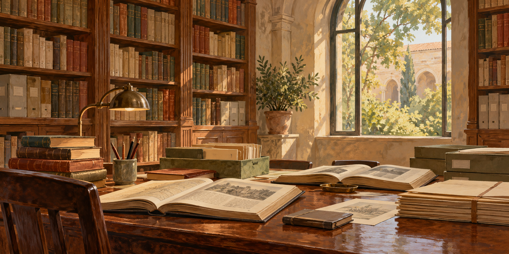 AI-generated illustration of an imagined scholarly reading room with books, archival folders and a desk beside an arched window.