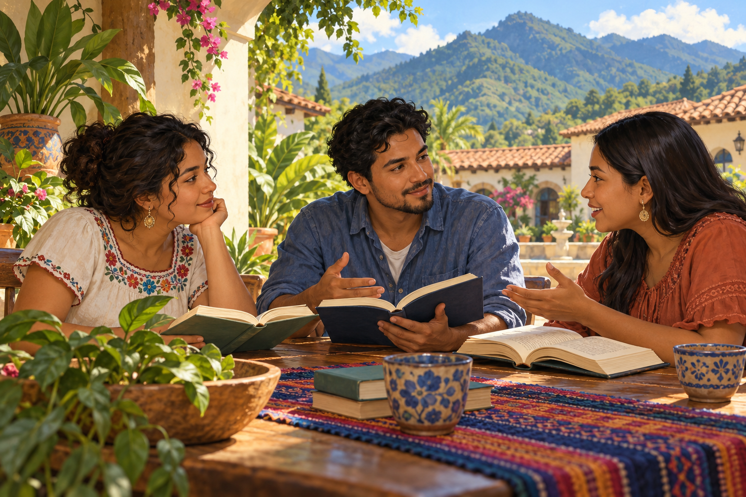 AI-generated nonliteral illustration of three adults sharing books in an imagined Honduras-inspired courtyard with plaster walls, terracotta roof tiles, plants and distant green mountain ridges.