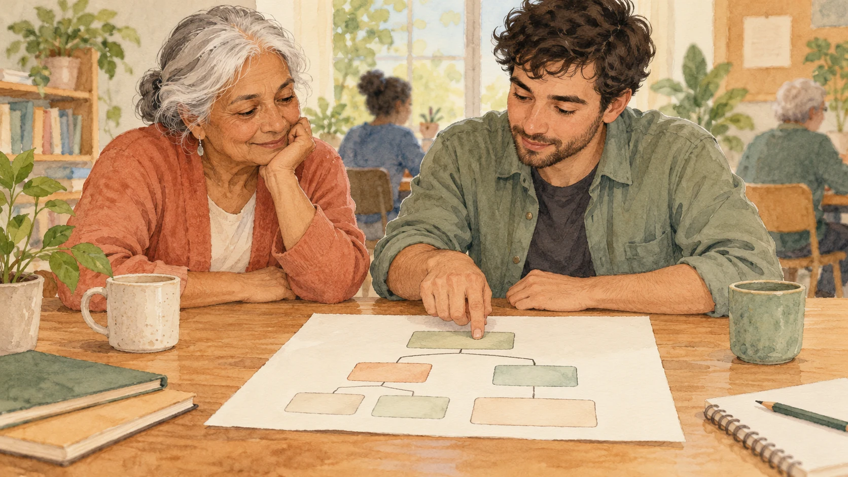 Watercolour illustration of two adults discussing a simple practice decision chart at a community learning table.