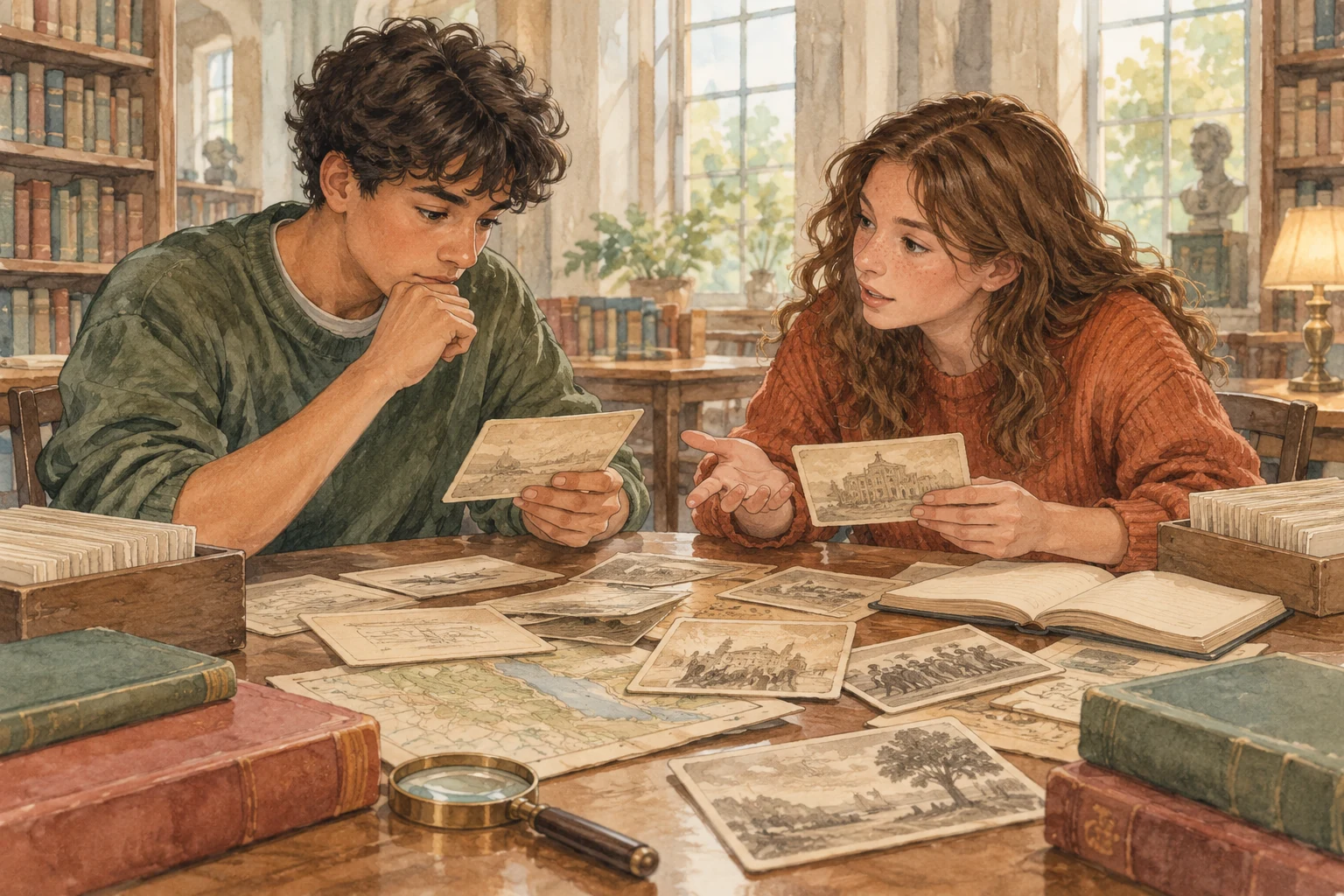 Watercolour illustration of two school learners comparing archive-style cards and discussing possible explanations at a library table.