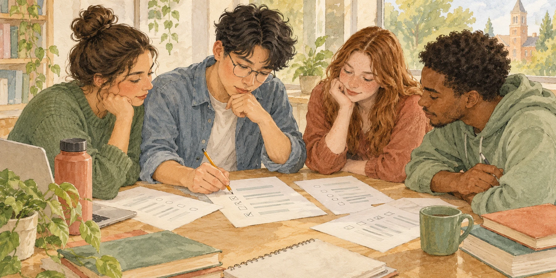 Watercolour illustration of university students checking a draft questionnaire and response choices together at a study table.