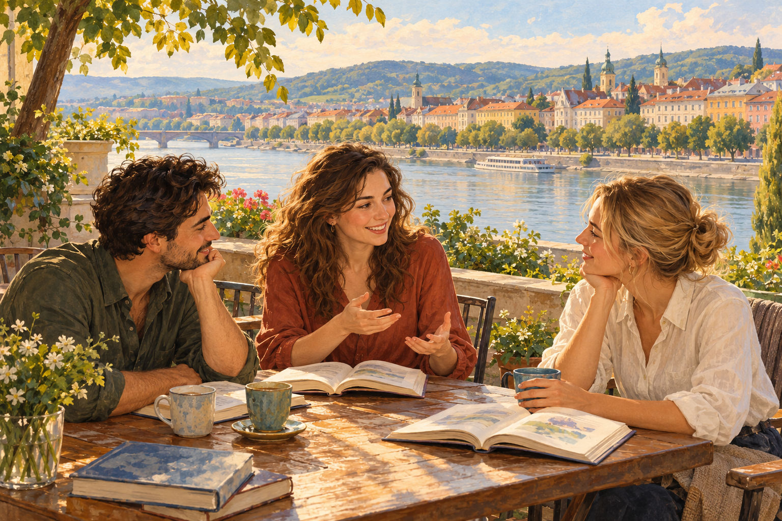 AI-generated nonliteral illustration of three adults sharing books at an imagined Hungary-inspired riverside terrace, with leafy trees, pastel buildings and green hills.