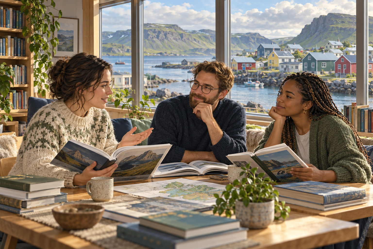 AI-generated nonliteral illustration of three adults sharing books in an imagined Iceland-inspired harbour-side reading room, overlooking colourful houses, water and green rocky hills.