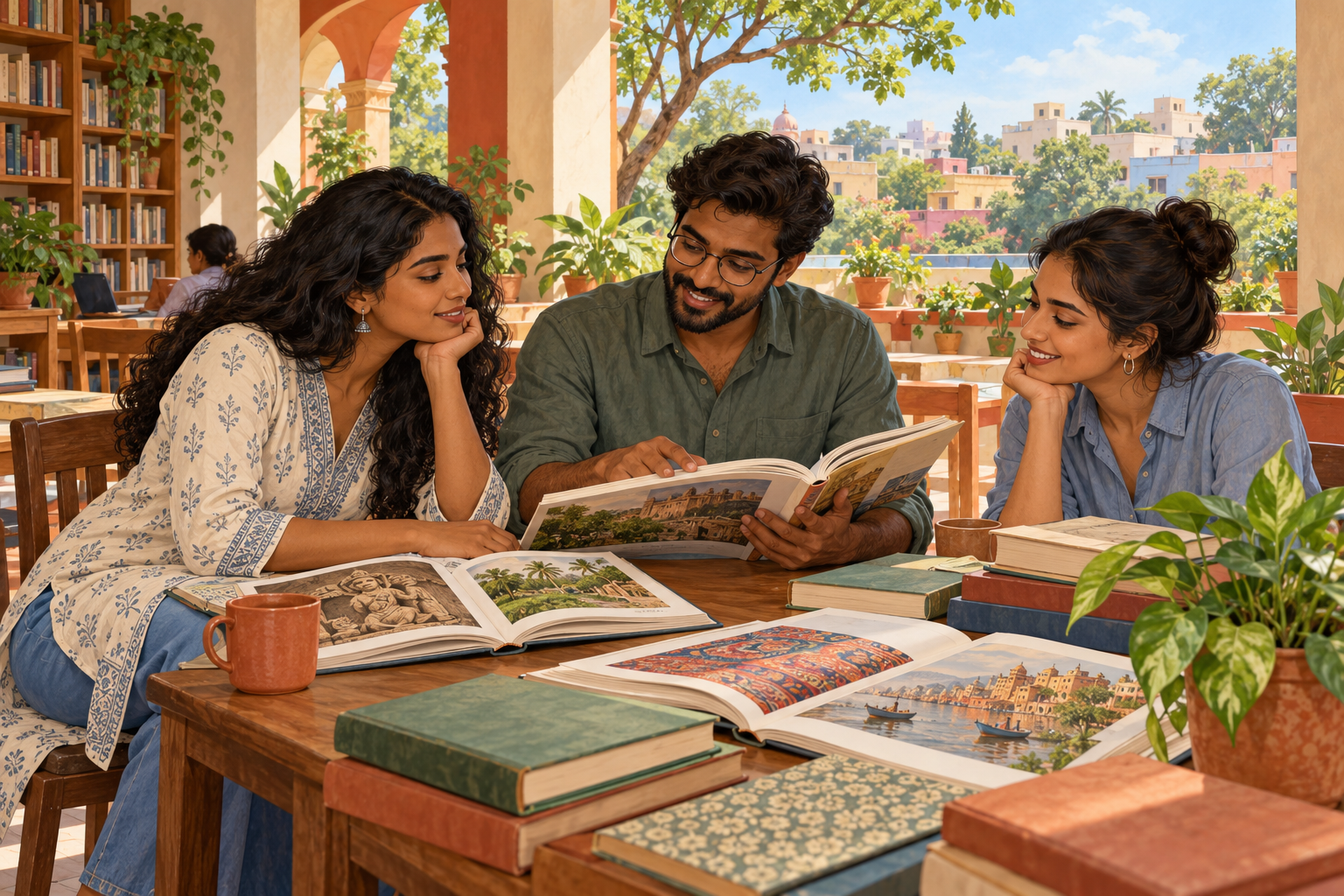 AI-generated nonliteral illustration of three adults sharing illustrated books in an imagined India-inspired courtyard reading room with plants and low-rise buildings.