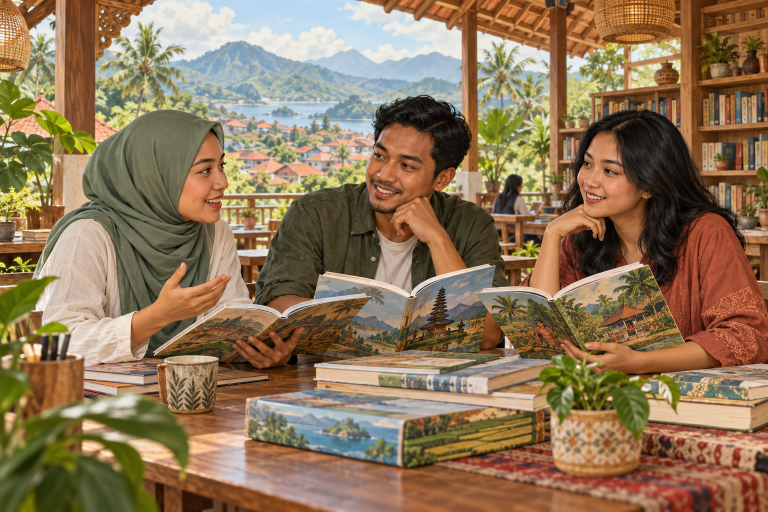 AI-generated nonliteral illustration of three adults sharing illustrated books in an imagined Indonesia-inspired open-air reading pavilion with tropical plants, hills and water in the distance.