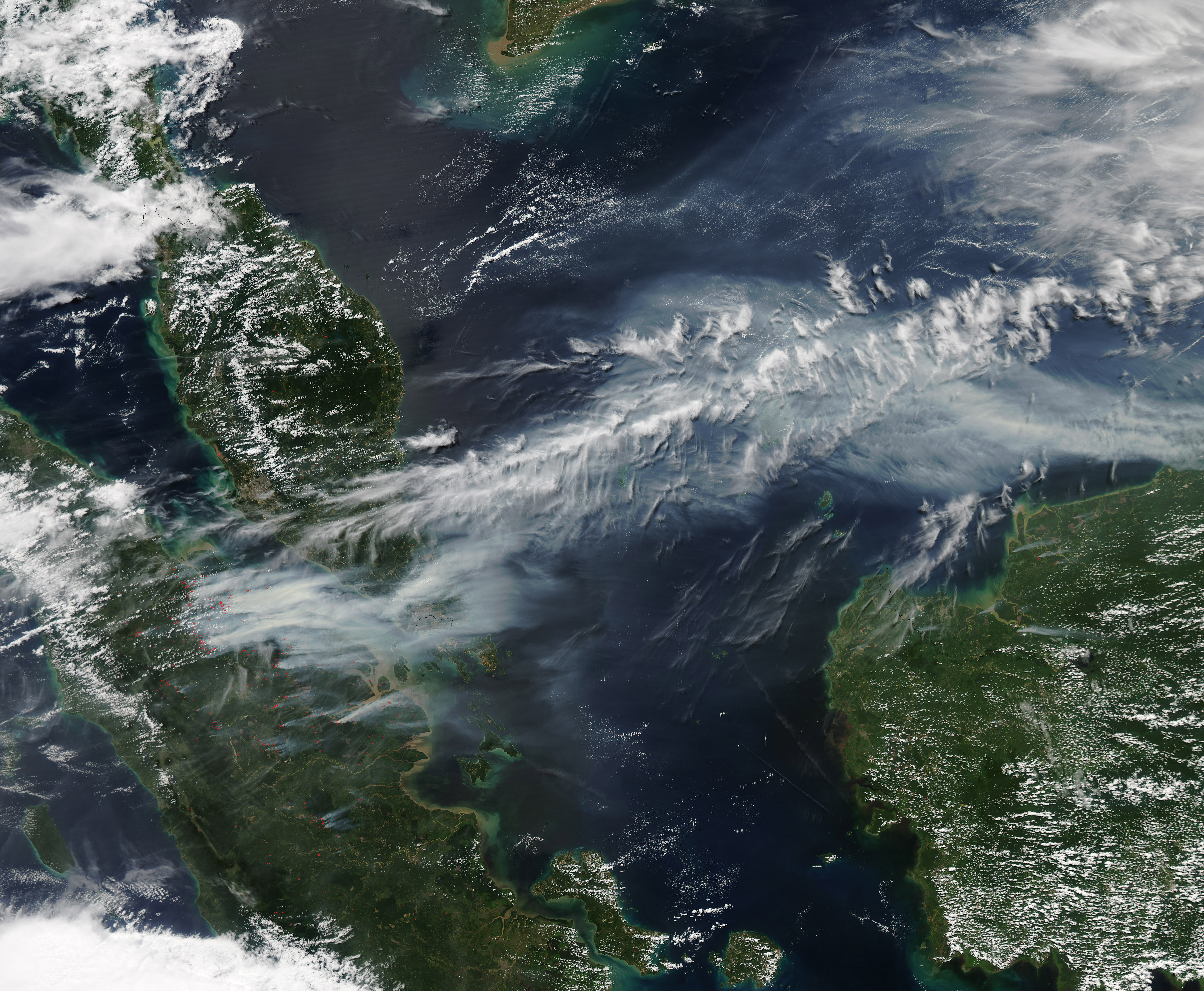 NASA Aqua MODIS satellite image dated 19 June 2013 showing smoke from Sumatra across the Strait of Malacca and southern Peninsular Malaysia