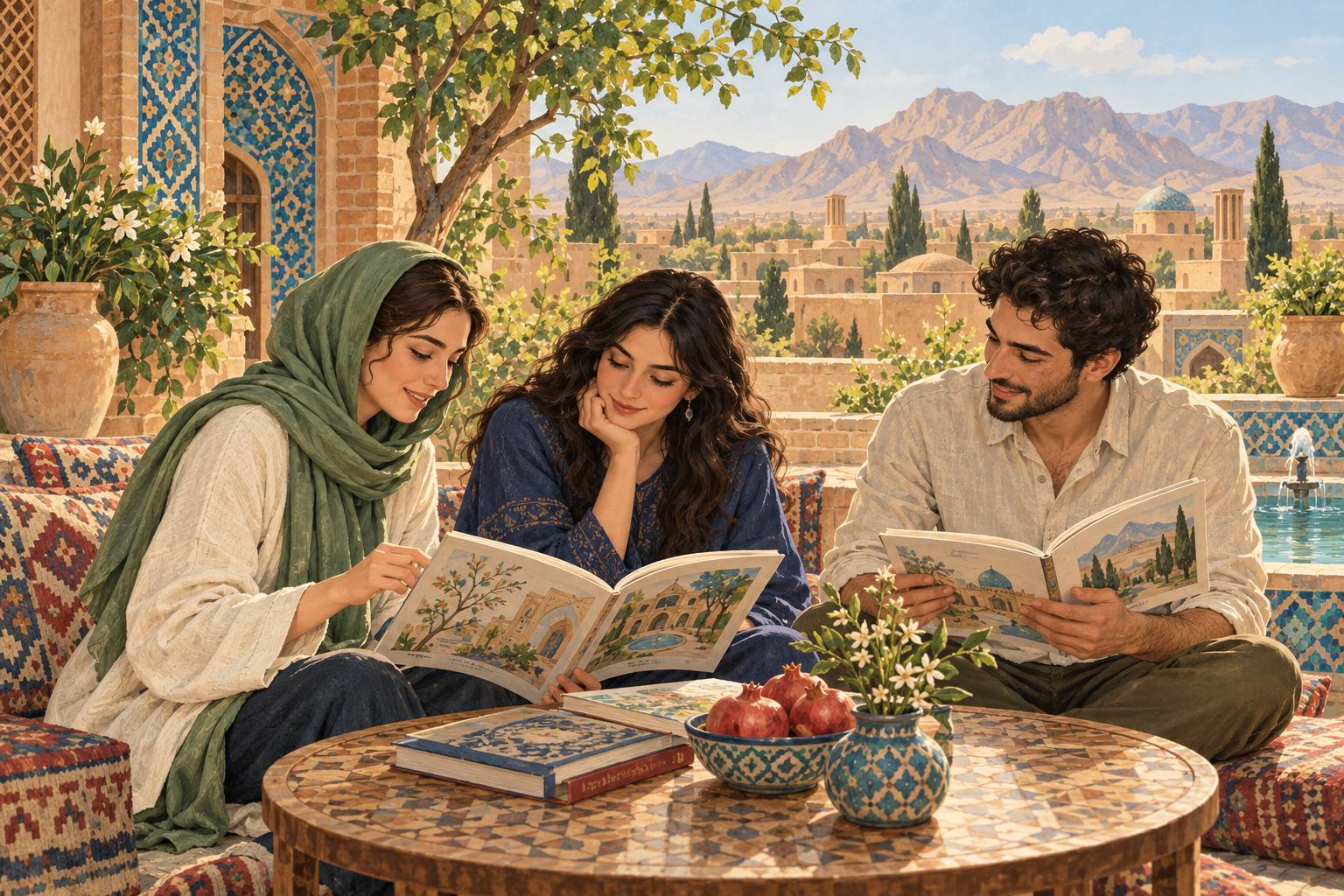 AI-generated nonliteral illustration of three adults sharing illustrated books in an imagined Iran-inspired tiled courtyard with plants, low buildings and distant hills.