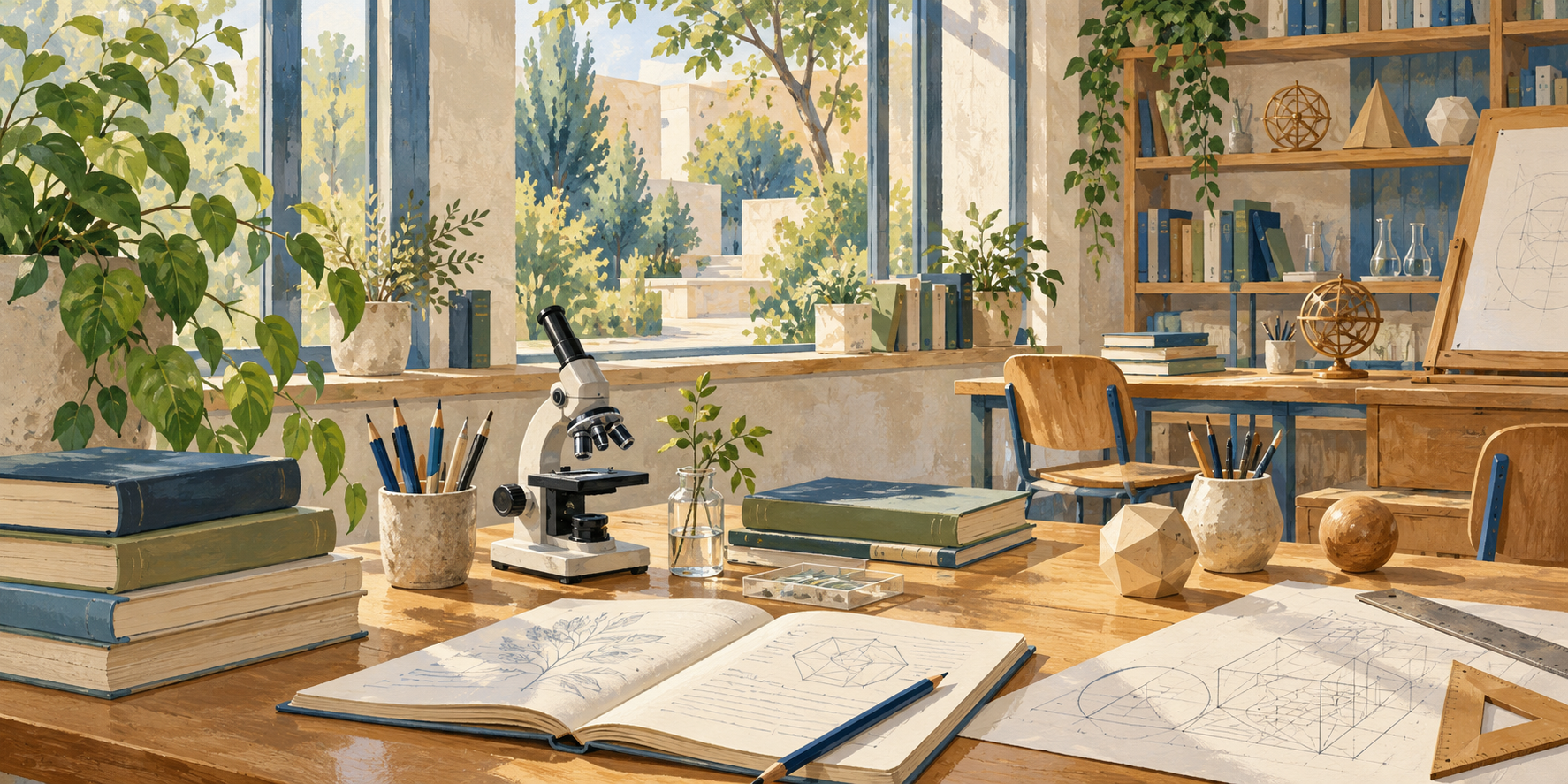 AI-generated illustration of an imagined learning room with books, notebooks, geometric models and a microscope beside courtyard windows.