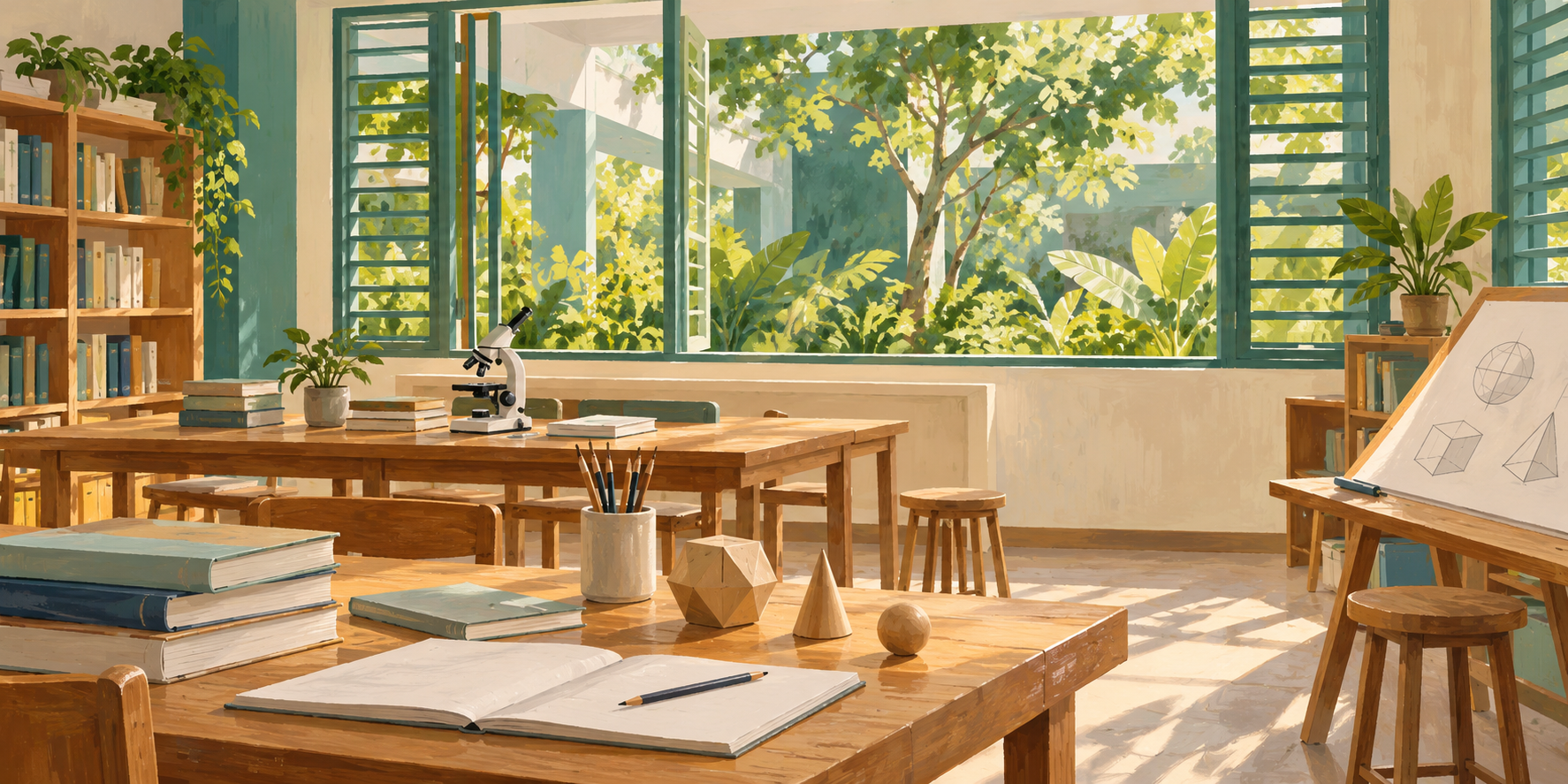 AI-generated illustration of an imagined learning room with books, notebooks, geometric models and a microscope beside courtyard windows.