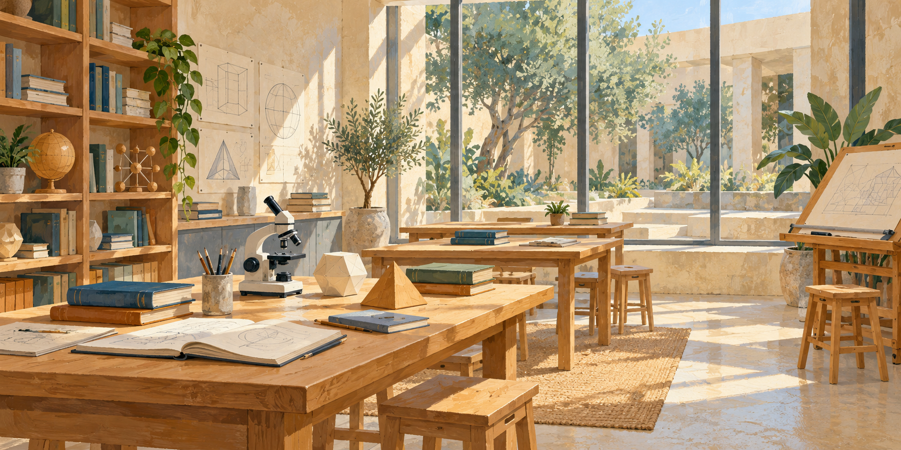 AI-generated illustration of an imagined learning room with books, notebooks, geometric models and a microscope beside courtyard windows.
