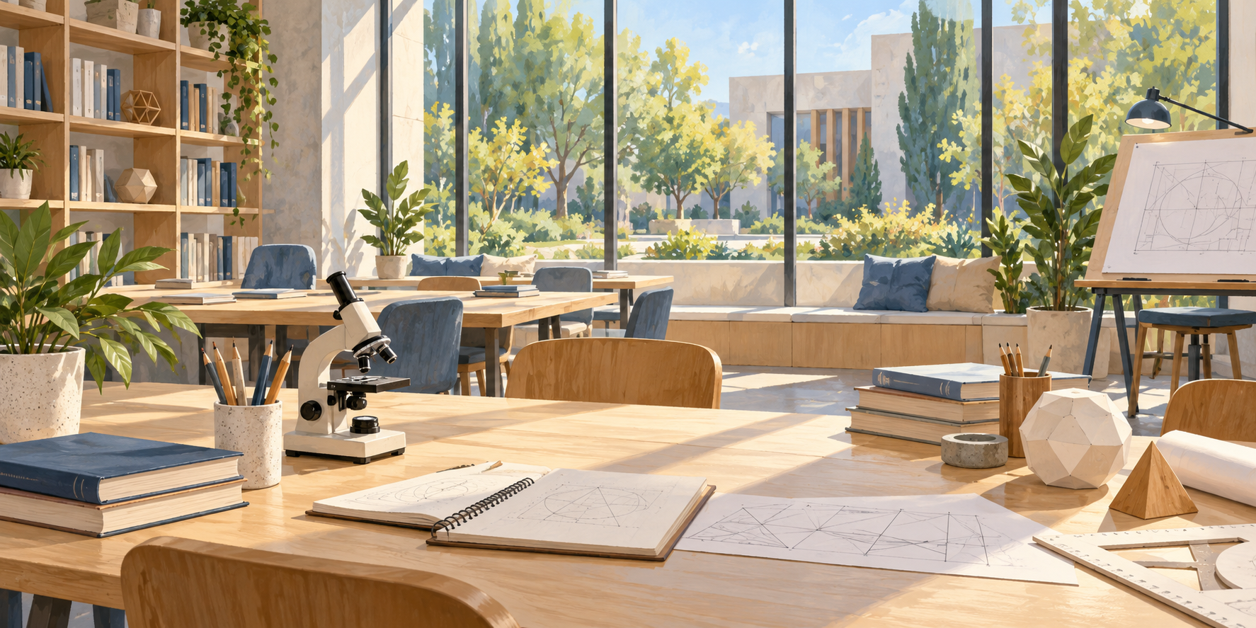 AI-generated illustration of an imagined learning room with books, notebooks, geometric models and a microscope beside large windows.