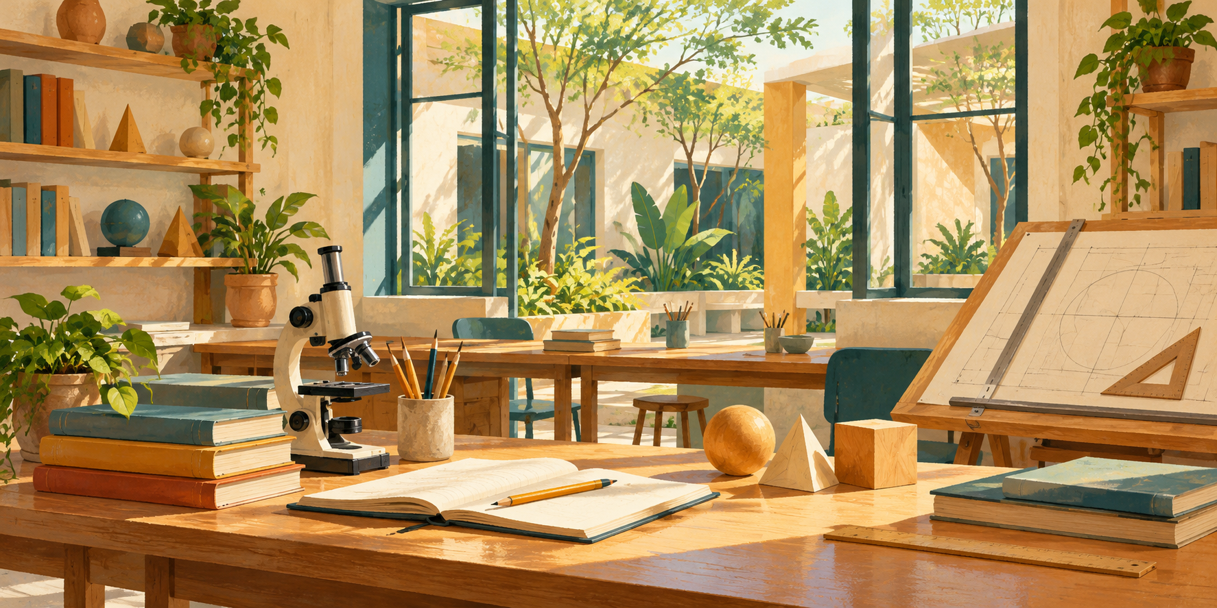 AI-generated illustration of an imagined learning room with books, notebooks, geometric models and a microscope beside courtyard windows.