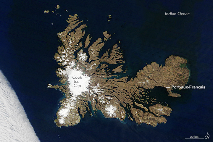 Satellite map of the Kerguelen Islands with the Cook Ice Cap, fjords and Port-aux-Français labelled