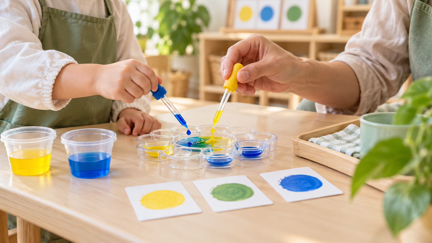 Adult and child hands use separate yellow and blue droppers to mix washable colour in clear palette wells.