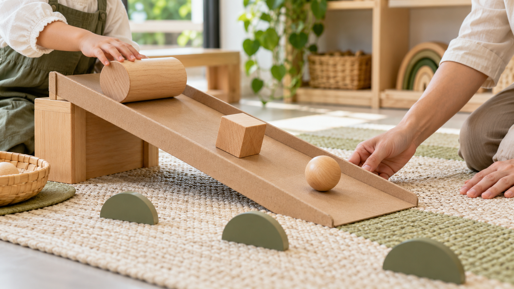 Child and adult hands testing a wooden cylinder, cube and ball on a low classroom ramp
