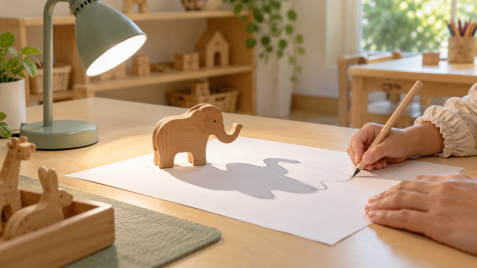 Child tracing the shadow of a wooden elephant while an adult steadies the paper beside a safe desk lamp