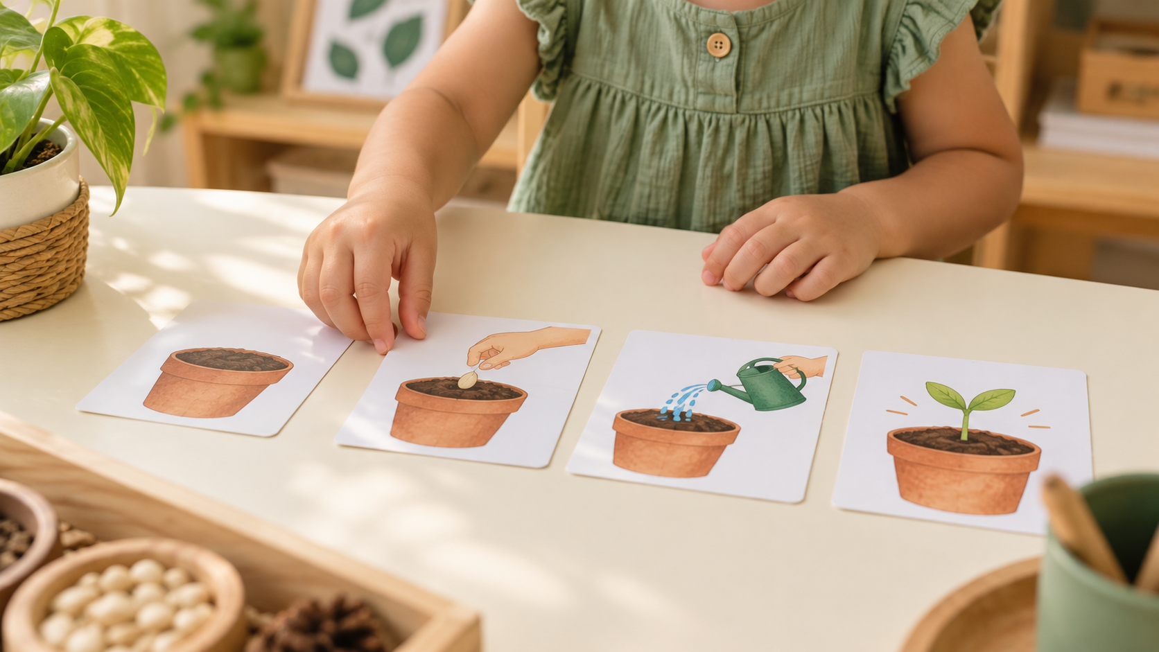 Child arranging four picture cards showing soil, seed, watering and a green sprout in sequence