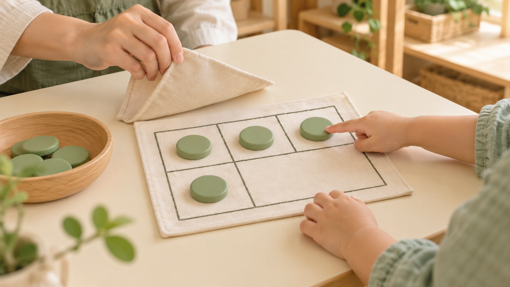 A child points to four sage counters arranged on a five-frame while an adult reveals the display.