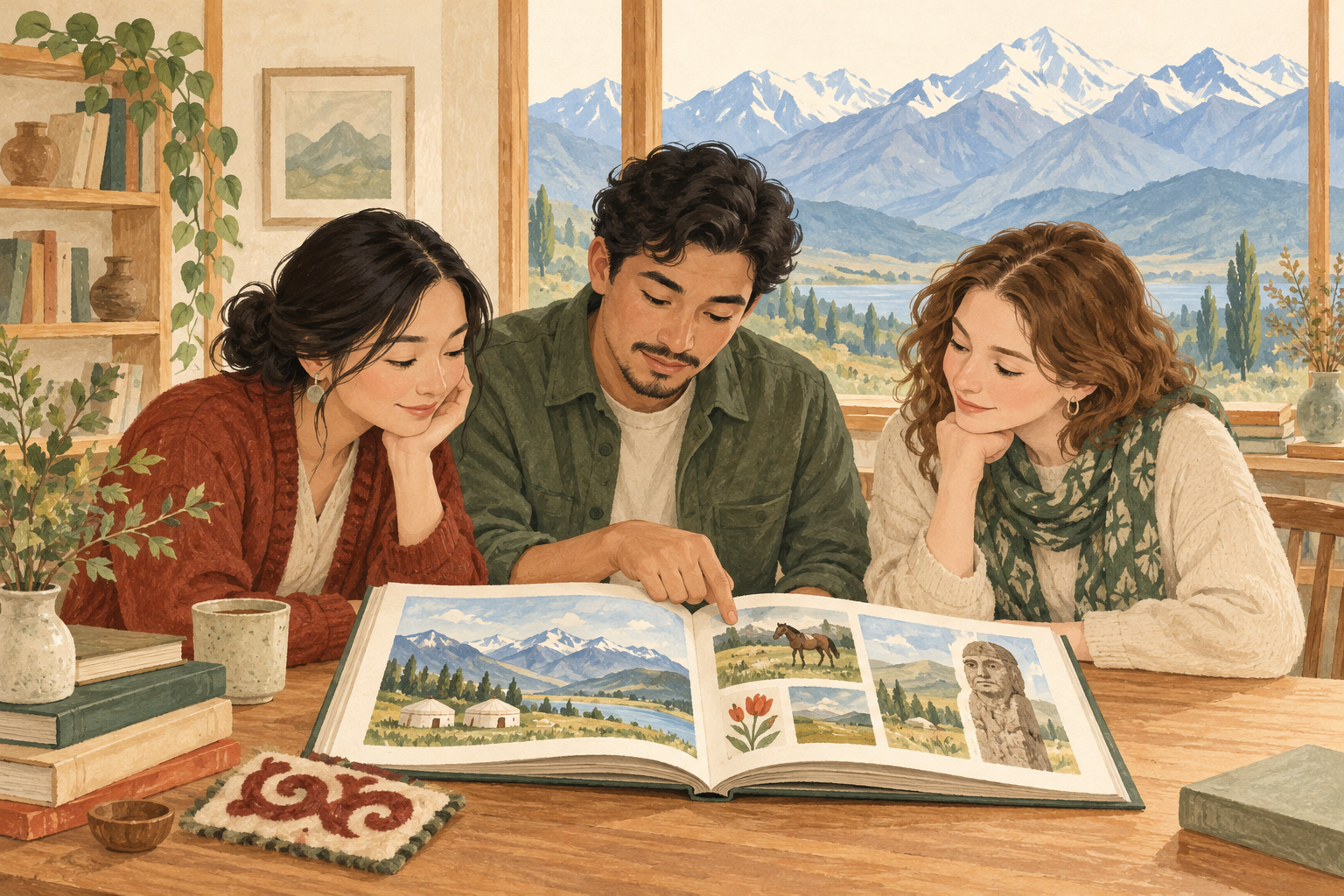 Three fictional adult learners study an illustrated book beside a felt sample in an imagined reading room overlooking mountains.