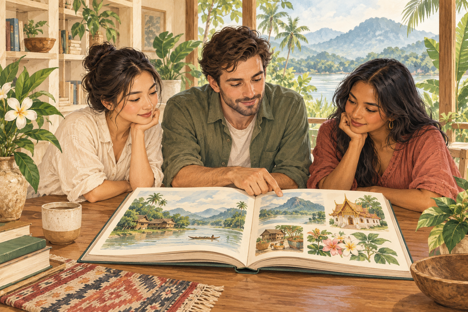 Three fictional adult learners study an illustrated book beside a woven sample in an imagined reading room overlooking a river and tropical greenery.