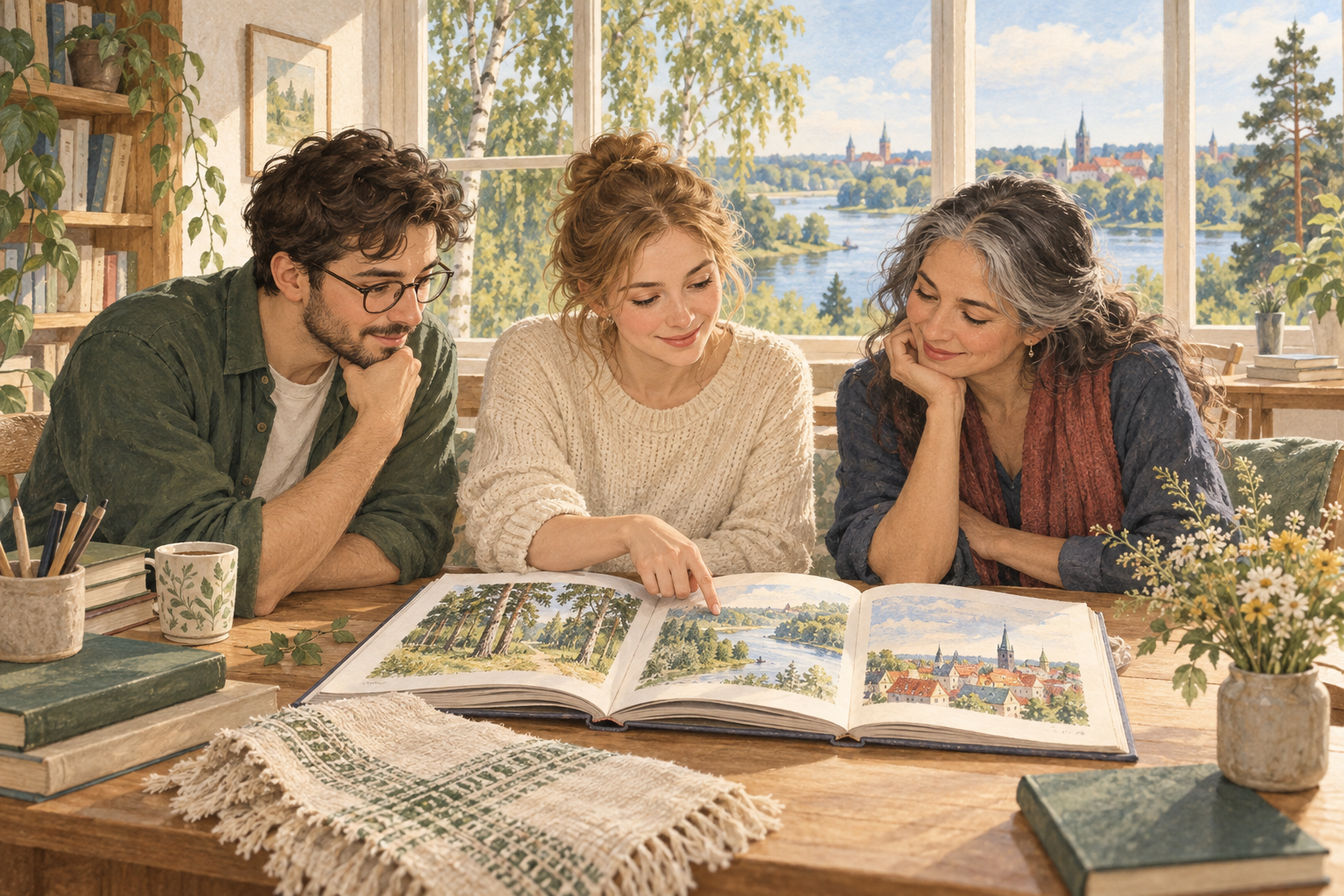 Three fictional adult learners study a picture book beside a woven sample in an imagined reading room overlooking a river, trees and distant rooflines.