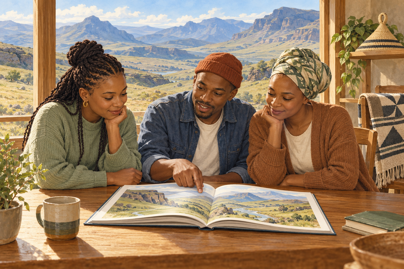 Three fictional adult learners study a landscape picture book in an imagined mountain-view reading room, with a patterned blanket and woven hat nearby.
