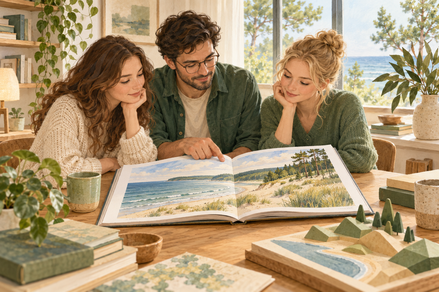 Three fictional adult learners examine a coastal landscape picture book in an imagined reading room, beside plants and an abstract model.