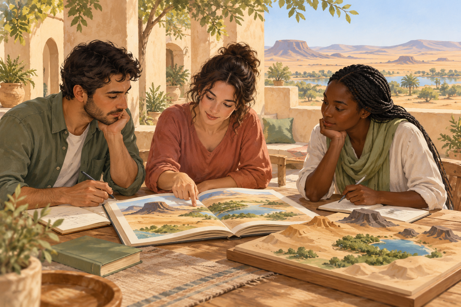 Original artwork of three fictional adult learners studying a landscape book and an abstract terrain model at a table in an imagined shaded courtyard.
