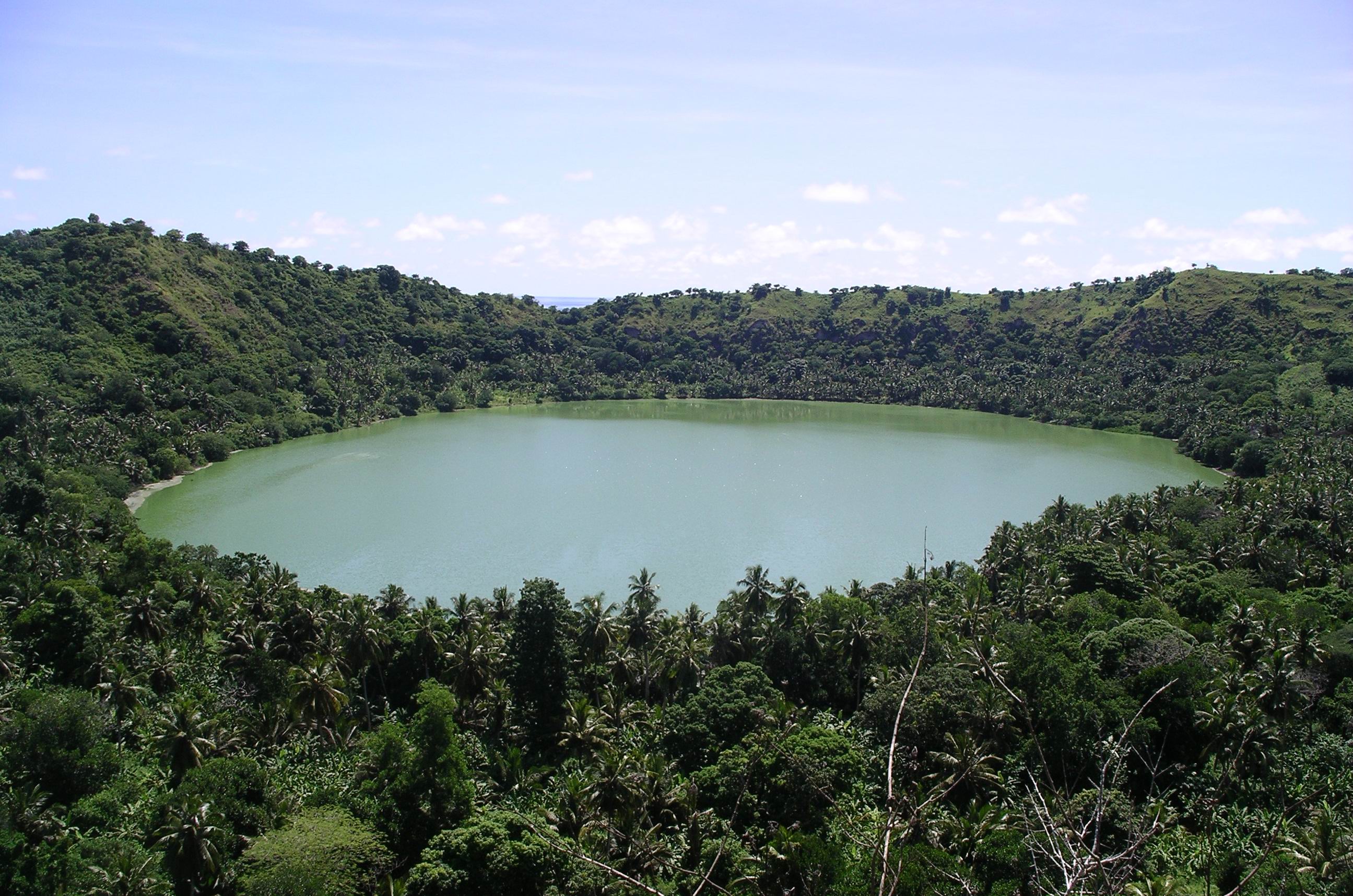 Archive 2010 photograph showing the green water of Lake Dziani within a volcanic crater on Petite-Terre, Mayotte.