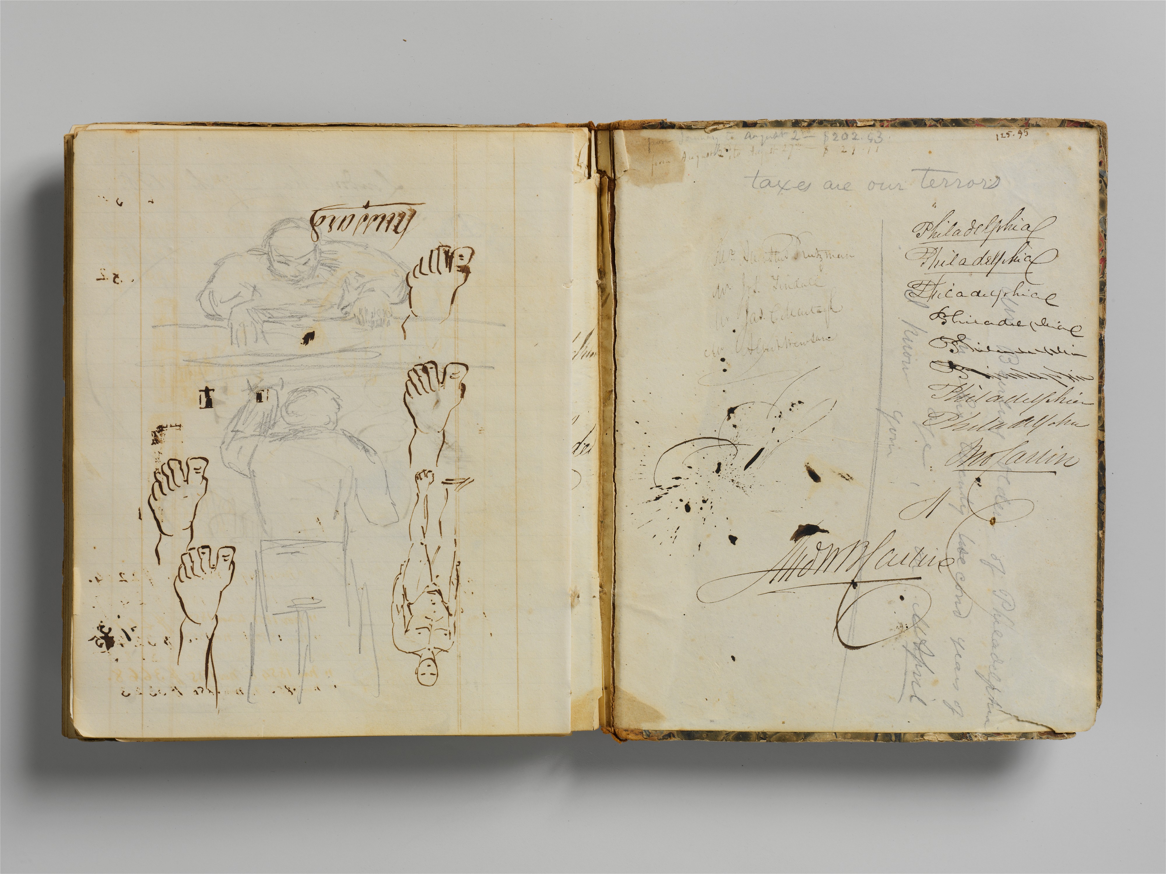 Nineteenth-century American ledger by John Carlin opened to handwritten entries and sketches, illustrating historic person-related documentary records.