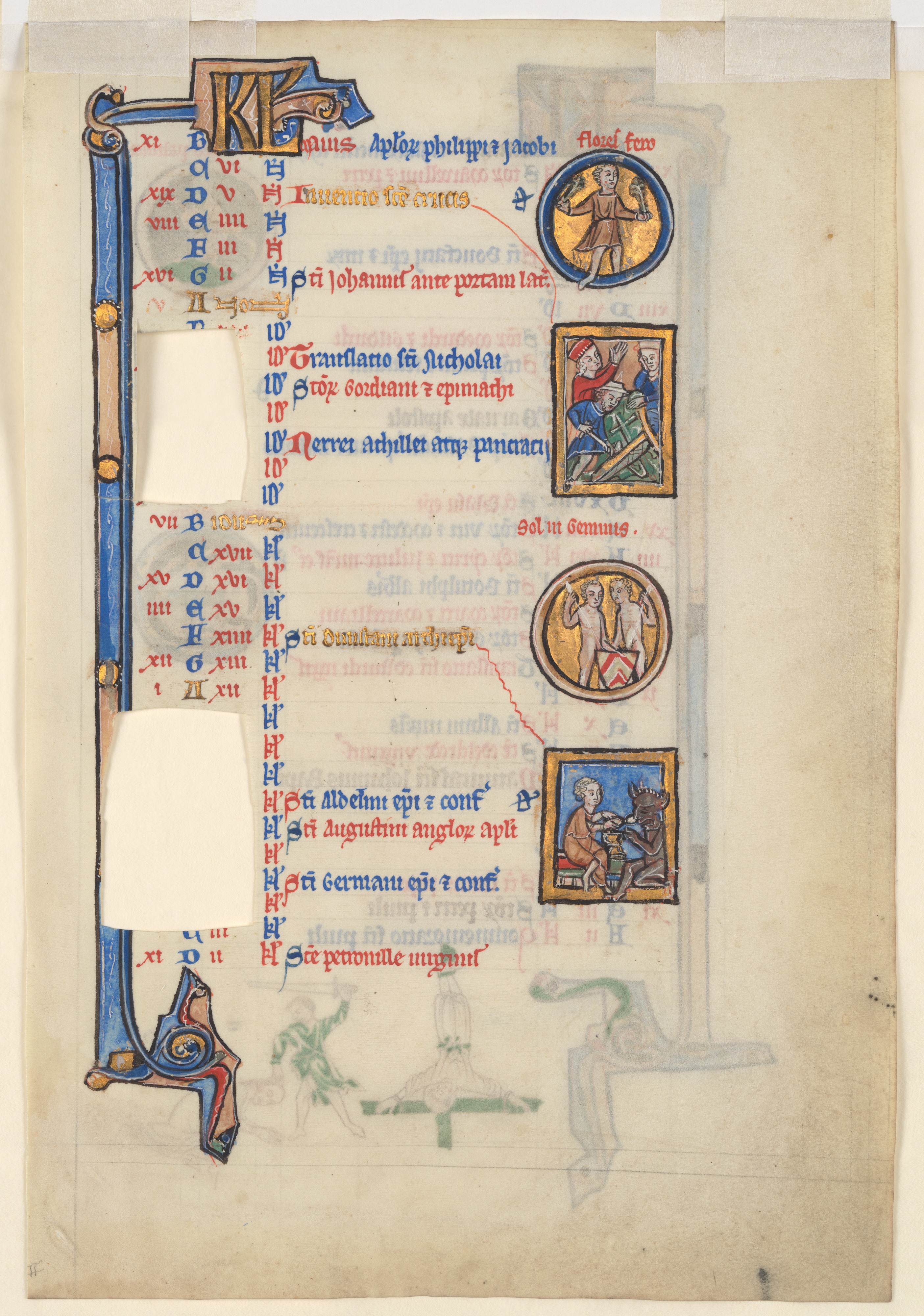 British medieval June calendar manuscript leaf with feast days, decorative initials, June harvest imagery and zodiac roundels.