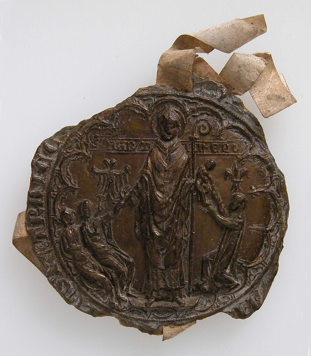 Brown wax seal impression showing a standing medieval bishop, with attachment ribbons, Netherlands, 14th century; The Met 1981.534.8.