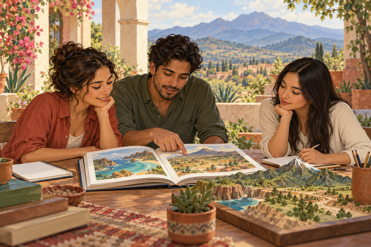 Original artwork of three fictional adult learners studying a landscape book and a terrain model at a wooden table in an imagined planted courtyard.