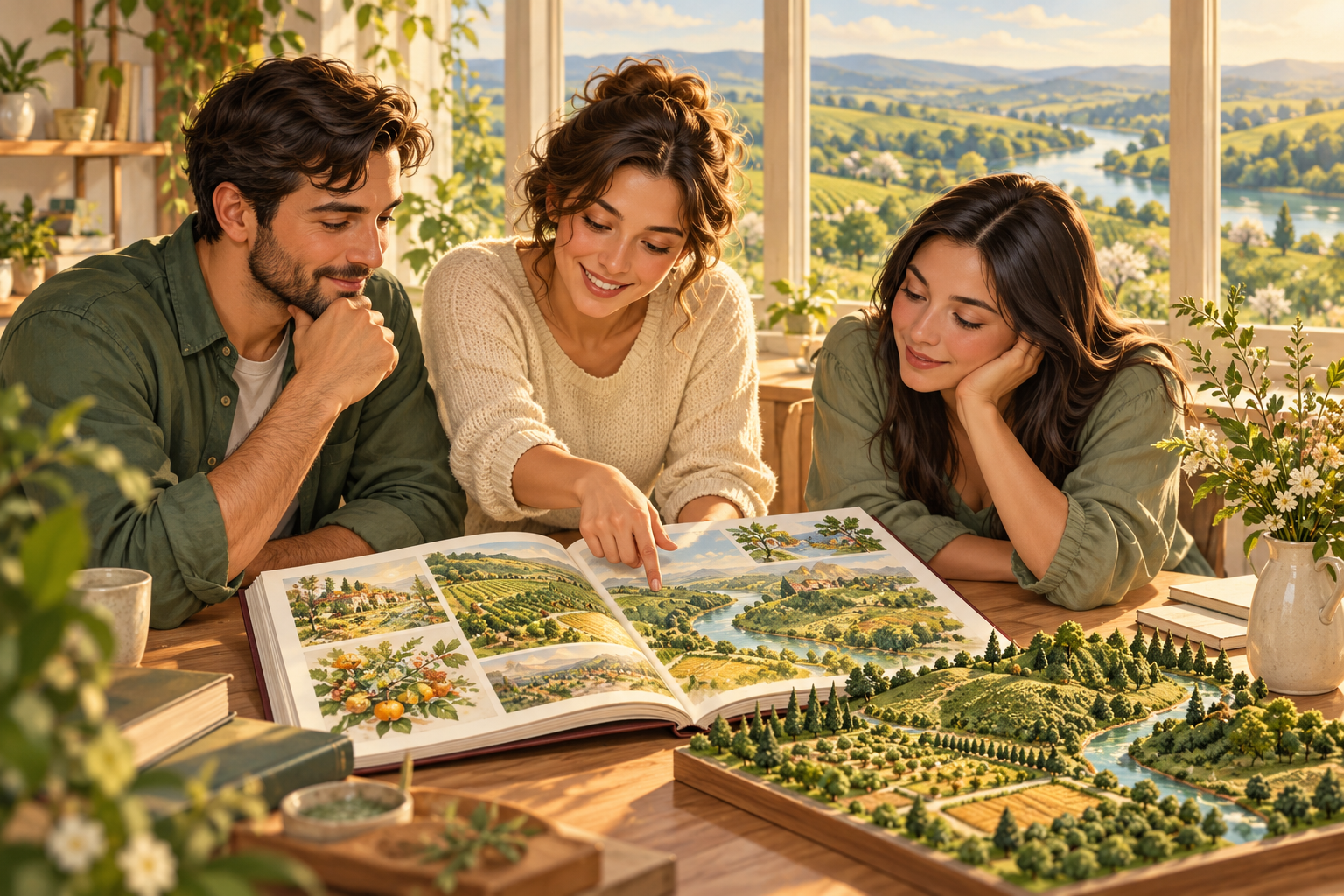 Original AI-generated artwork of three fictional adult learners studying an illustrated book and a landscape model in an imagined sunlit learning room.