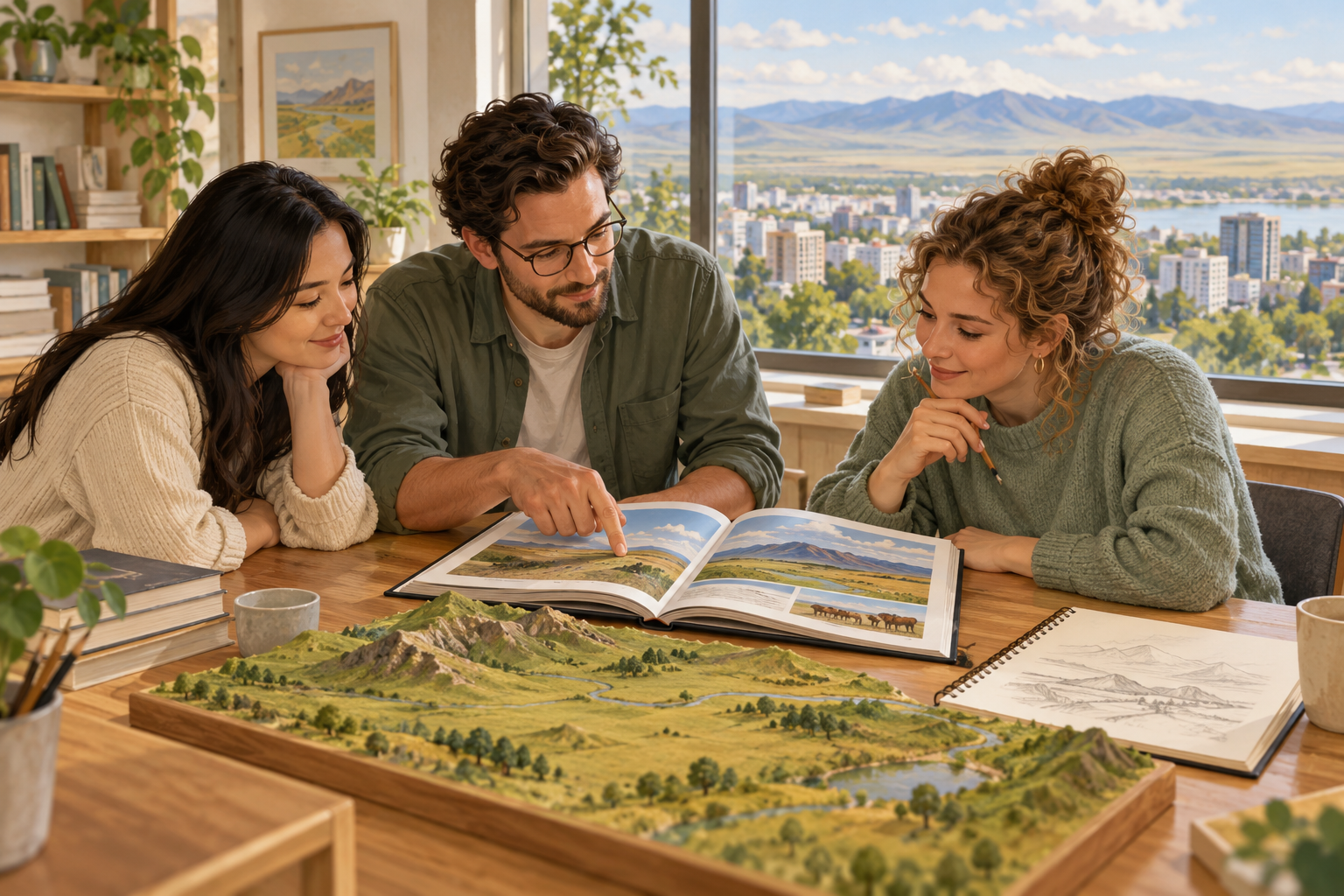Original AI-generated artwork of three fictional adult learners exploring an illustrated book and a landscape model in an imagined modern learning room.