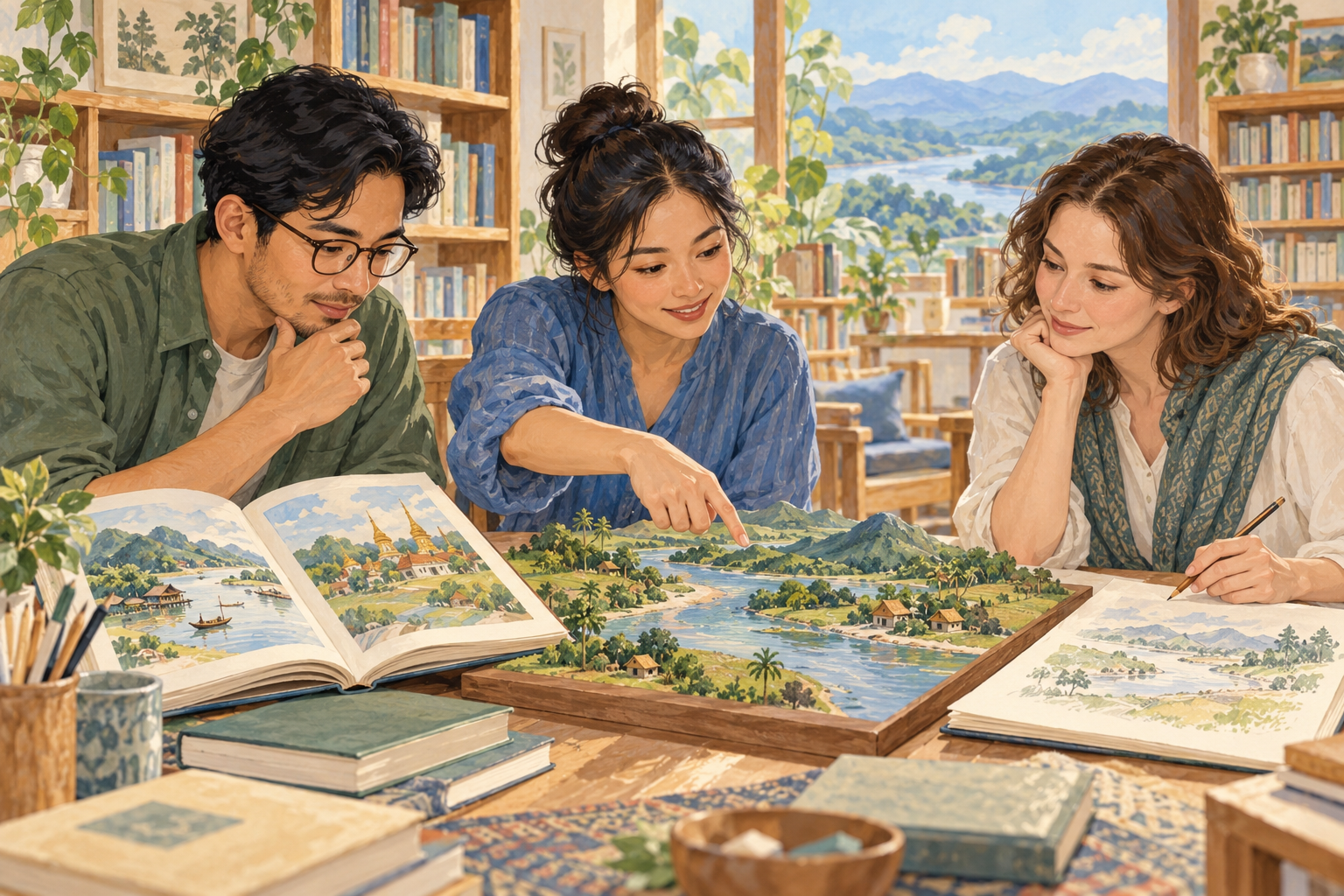 Original AI-generated artwork of three fictional adult learners exploring an illustrated book and a river-valley landscape model in an imagined modern library.
