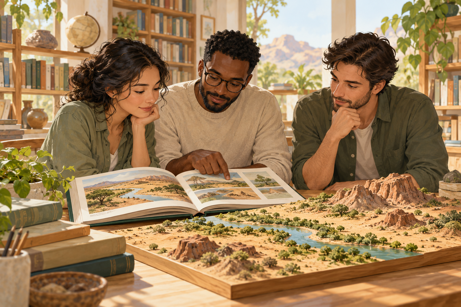 Original illustration of three fictional adults studying an open book and a handmade river-and-rocky-landscape model in an imagined library.