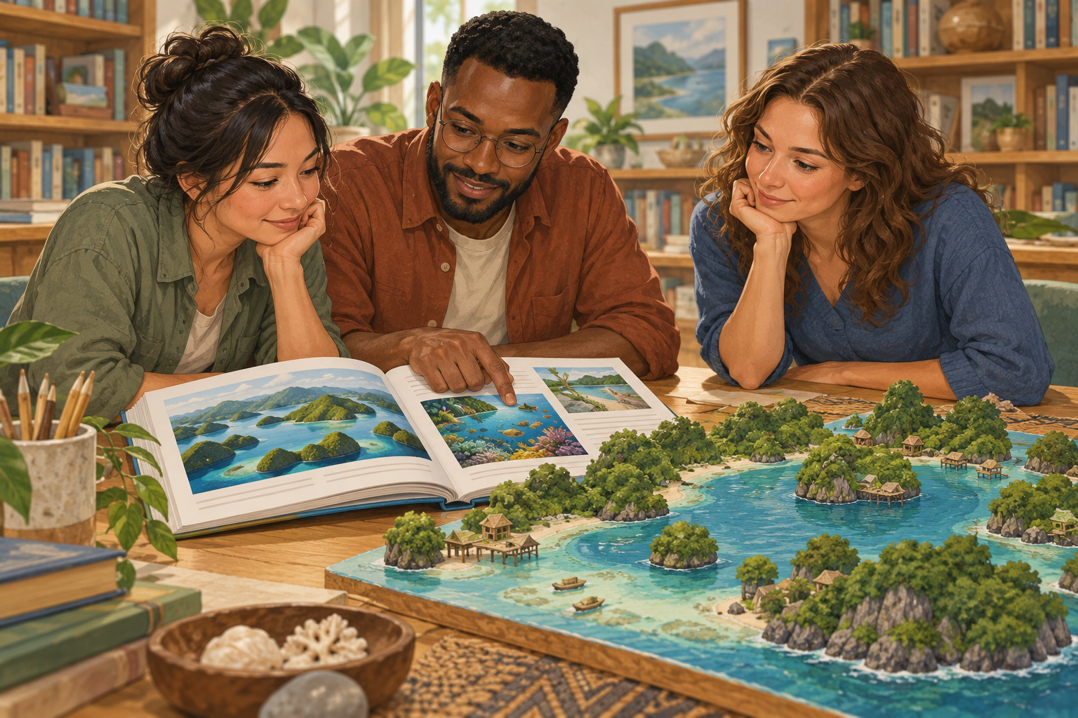 Original illustration of three fictional adults studying an illustrated book and a handmade island-and-lagoon model in an imagined library.