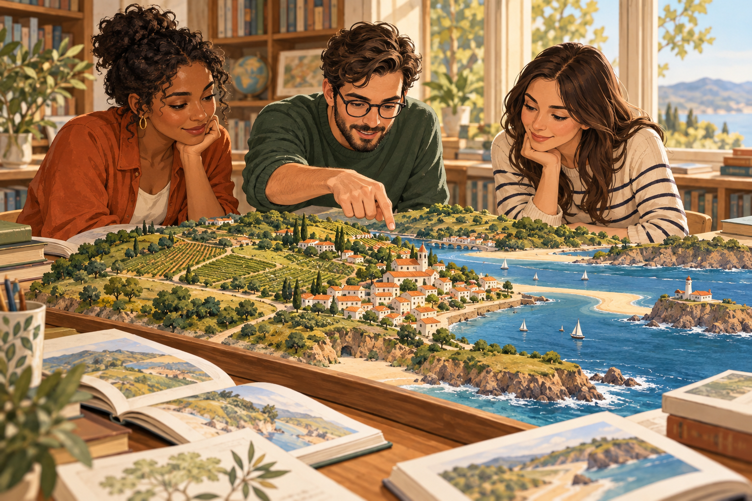 Original illustration of three fictional adults studying a hills, town, estuary and coast miniature in an imagined library.