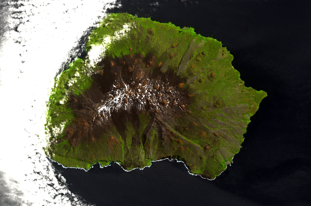 Satellite view of Marion Island's volcanic landforms in South Africa's Prince Edward Islands in the Southern Indian Ocean