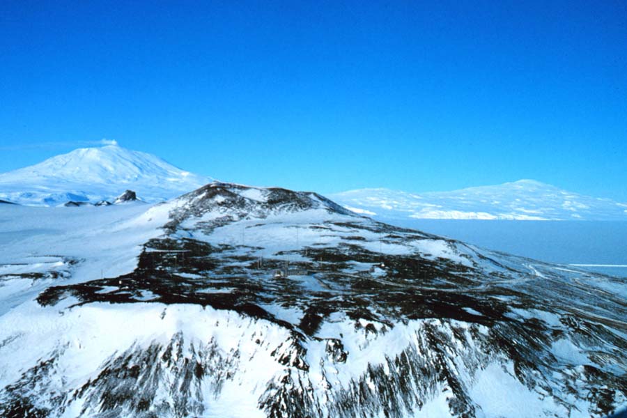 Ross Island panorama with Mount Erebus and Mount Terror rising beyond Hut Point Peninsula in Antarctica