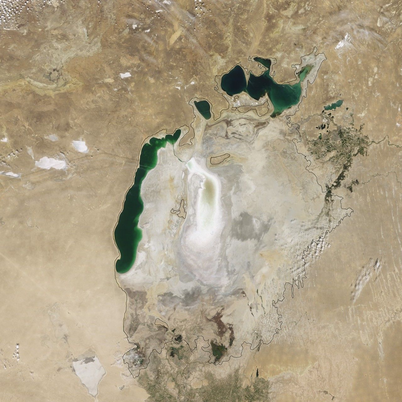 NASA Terra MODIS satellite view of the substantially shrunken Aral Sea in August 2009, with exposed pale lakebed and remnant water bodies.