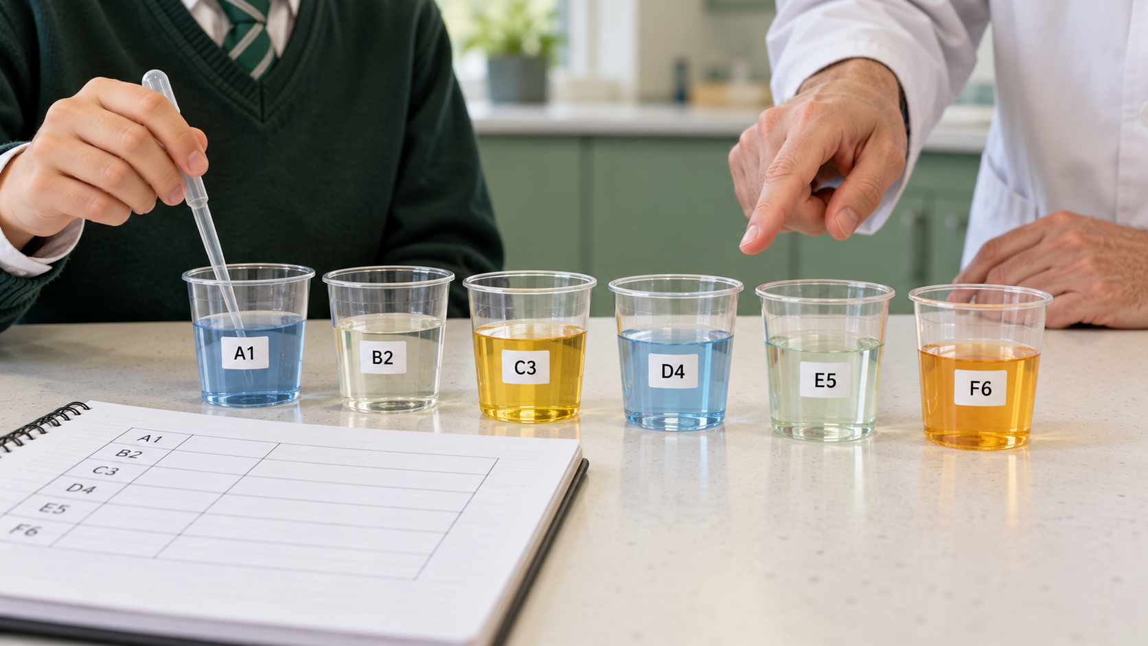 Student and teacher check six clear classroom sample cups with unique A1 to F6 labels beside a structured notebook table.